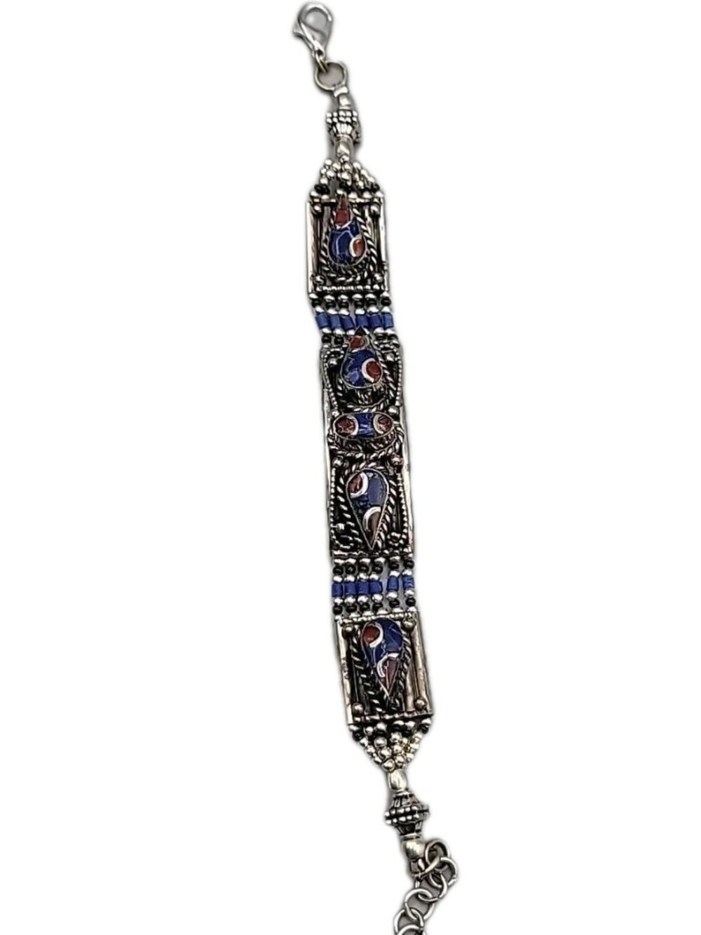 Vintage Tibetan Nepalese Silver Inlay Bracelet Lapis Coral 7.5” Ethnic Boho - Picture 7 of 16
